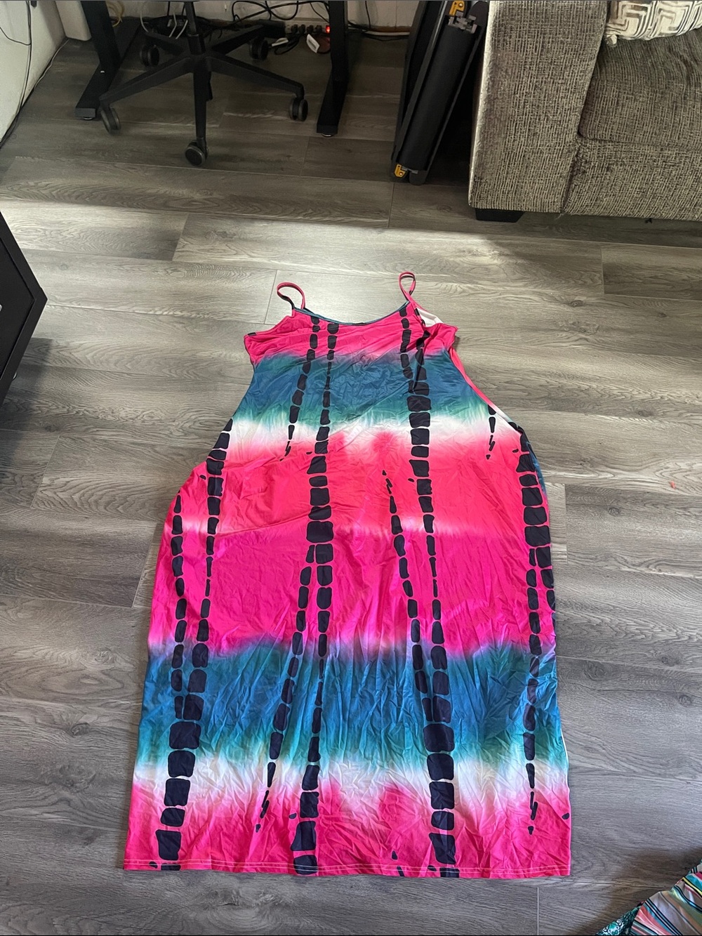 Bright Pink Tie-Dye Maxi Dress with Blue & White Bands